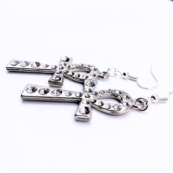 Silver Rhinestone Ankh Earrings