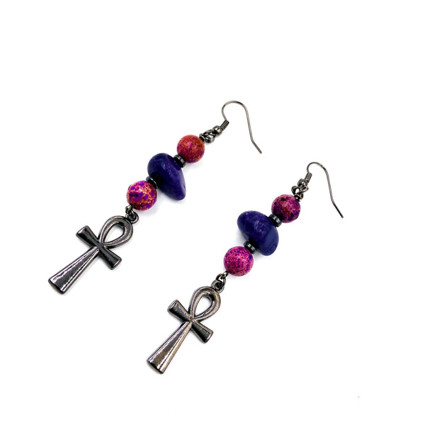 Fuchsia Jasper and Purple Chunk Ankh Earrings