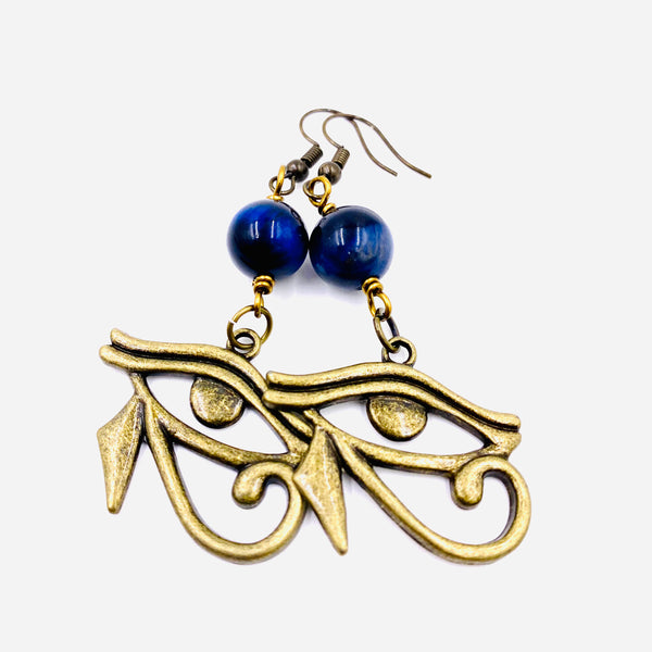Blue Tiger Eye and Bronze Eye of Heru Earrings