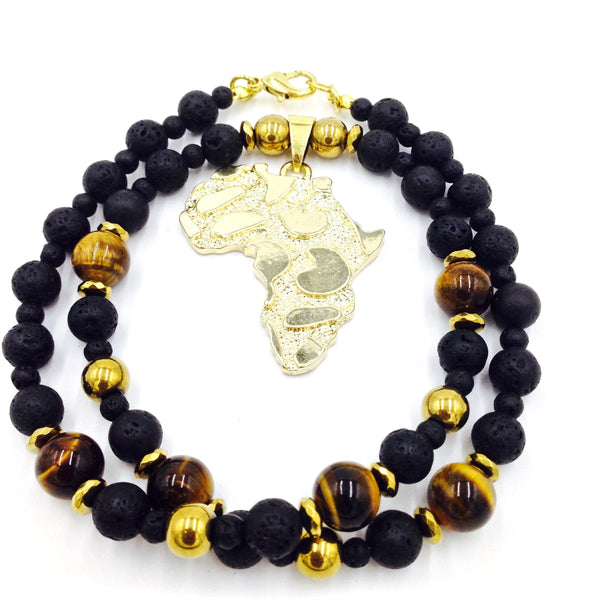 Lava Stone & Tiger Eye Africa Neckpiece (Gold)