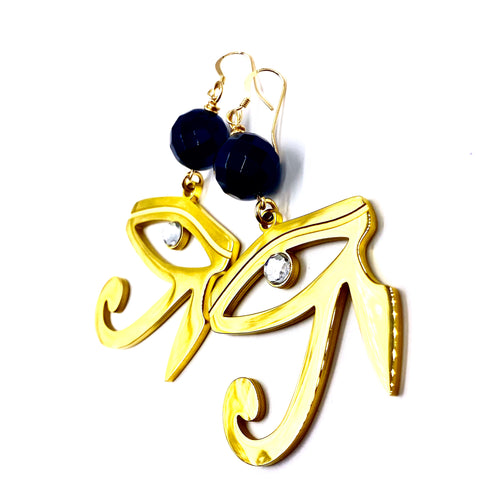 Faceted Onyx & 18K Gold Eye of Ra Earrings