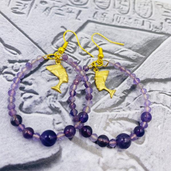 Purple Jade & Amethyst Nefertiti Hoop Earrings