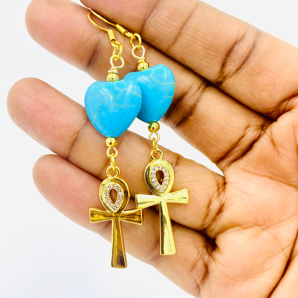 Turquoise Hearts 18k Gold Ankh Earrings