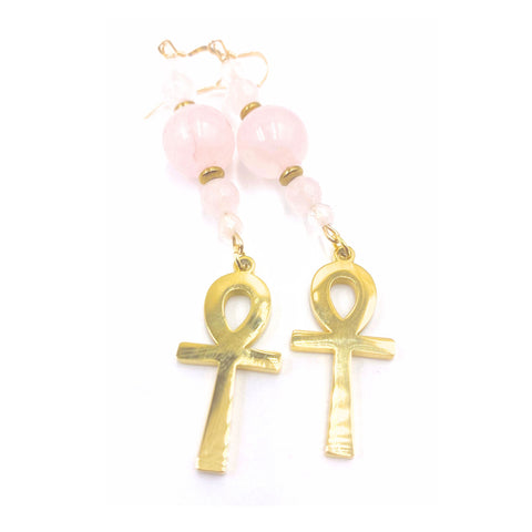 18k Gold Ankh Earrings (Rose Quartz)