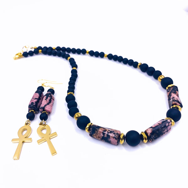 18K Gold Ankh Earrings (Rhodonite / Matte Black Onyx)
