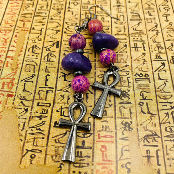 Fuchsia Jasper and Purple Chunk Ankh Earrings