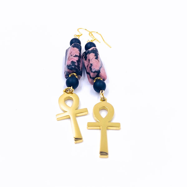 18K Gold Ankh Earrings (Rhodonite / Matte Black Onyx)