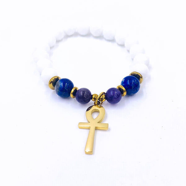 18K Gold Ankh Bracelet (White Jade/Amethyst/Lapis Lazuli