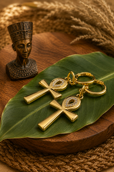18K Gold Ankh Earrings (Rhinestone)