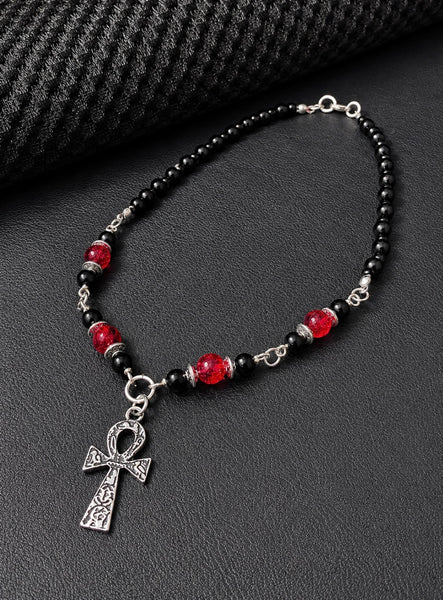Red, Black Silver Witchy Ankh Necklace