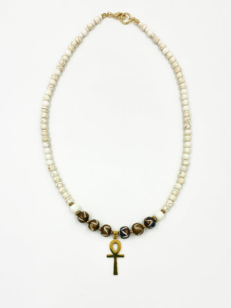 Ox Bone and Cream Howlite Ankh Necklace