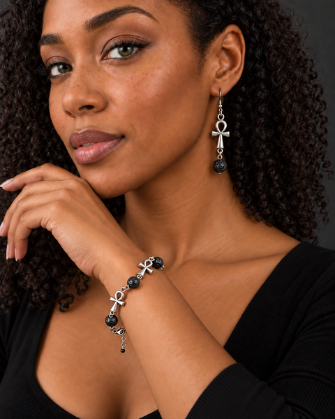Silver and Black Earring and Bracelet Set (Lava Stone)