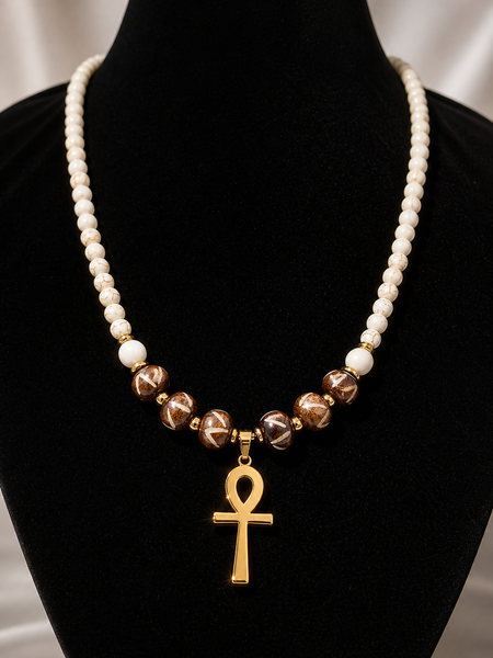 Ox Bone and Cream Howlite Ankh Necklace