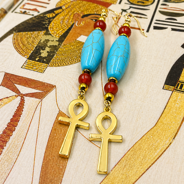 Turquoise & Carnelian Ankh Earrings