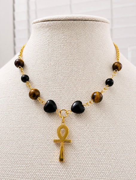 Tiger Eye & Black Onyx Hearts Ankh Necklace/Choker (Ankhlace™️)