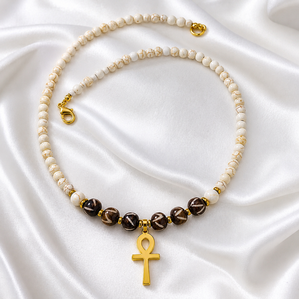 Ox Bone and Cream Howlite Ankh Necklace