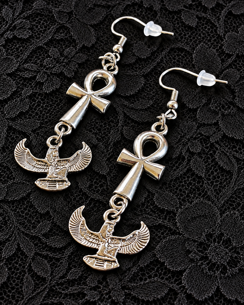 Silver Ankh and Winged Goddess Auset/Isis Earrings