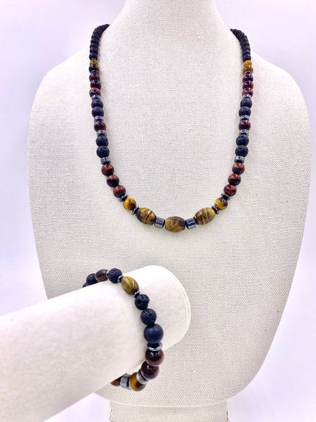 Tiger’s Eye and Lava Stone Necklace and Bracelet Set
