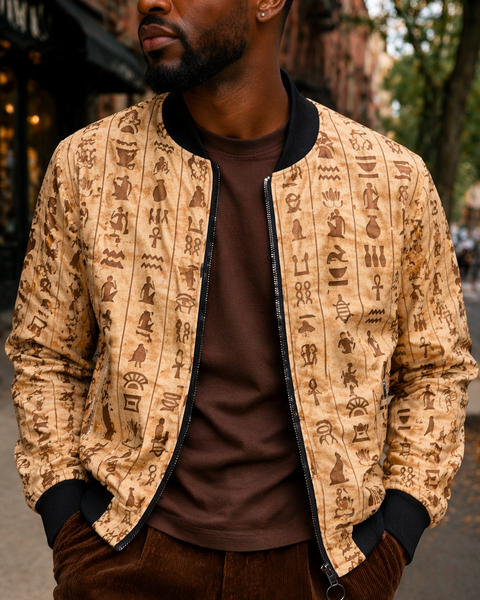 Man wearing a patterned jacket and brown pants outdoors