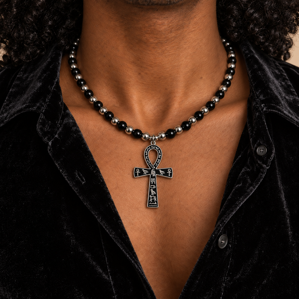 Gothic Black Onyx and Stainless-Steel Beaded Ankh Necklace (Ankhlace™️)