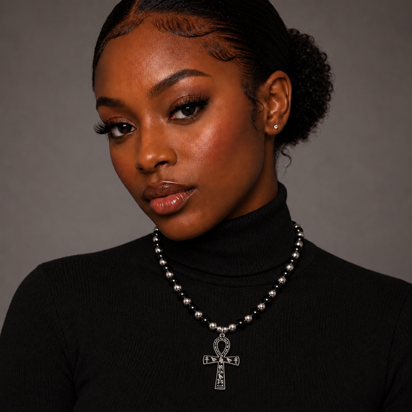 Gothic Black Onyx and Stainless-Steel Beaded Ankh Necklace (Ankhlace™️)