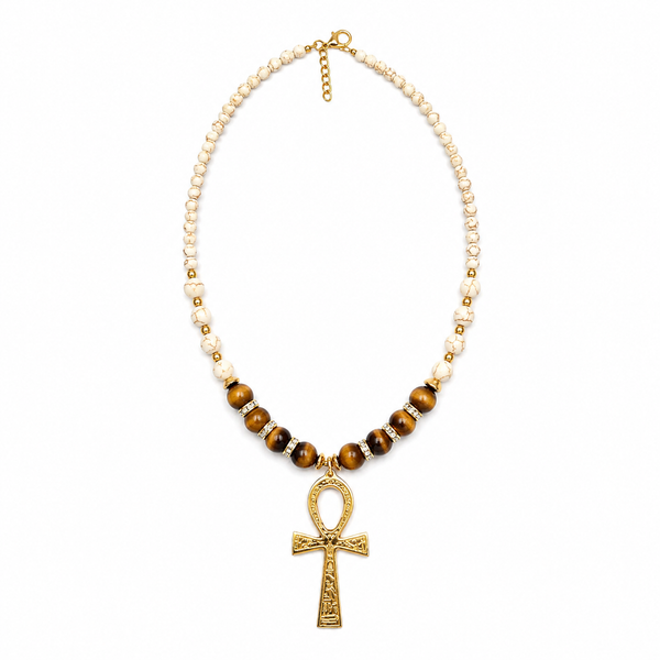Cream Howlite & Tiger Eye Ankh Necklace - Ankhlace™