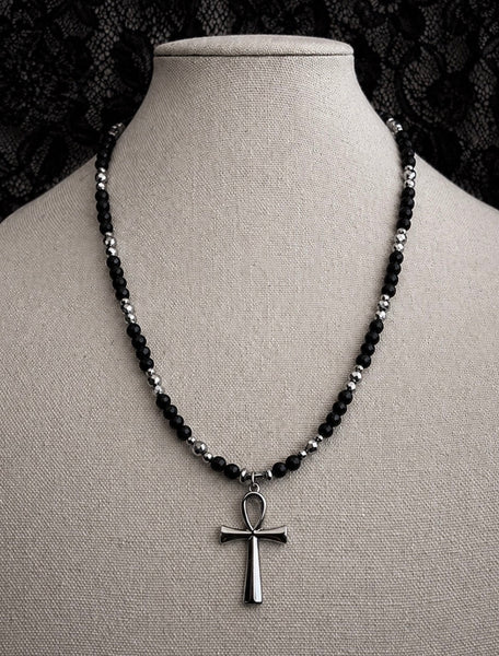 Midnite Onyx Minimalist Ankh Necklace - Ankhlace™ (Silver Hematite)