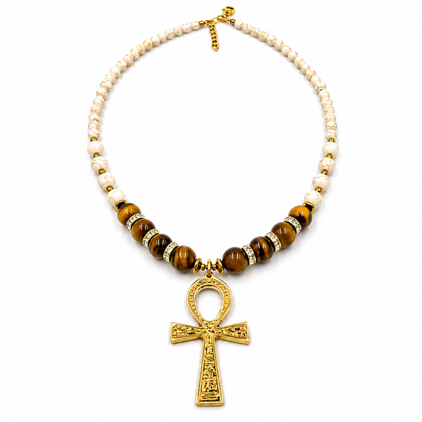 Cream Howlite & Tiger Eye Ankh Necklace - Ankhlace™