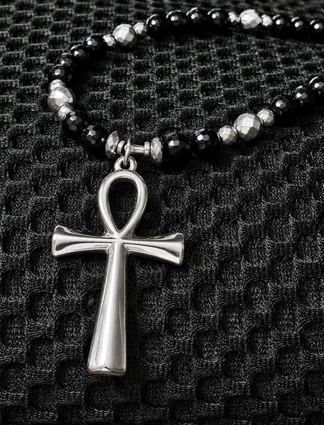 Midnite Onyx Minimalist Ankh Necklace - Ankhlace™ (Silver Hematite)