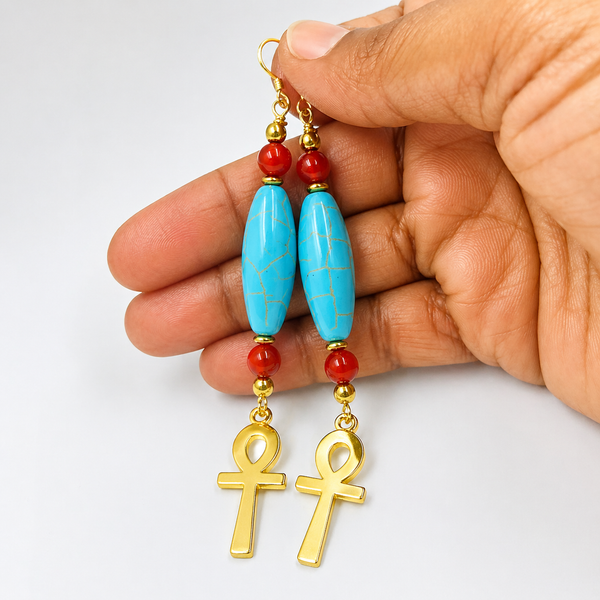 Turquoise & Carnelian Ankh Earrings