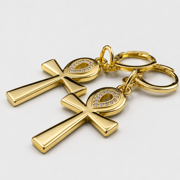 18K Gold Ankh Earrings (Rhinestone)