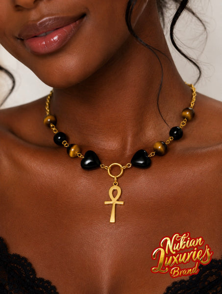Tiger Eye & Black Onyx Hearts Ankh Necklace/Choker (Ankhlace™️)