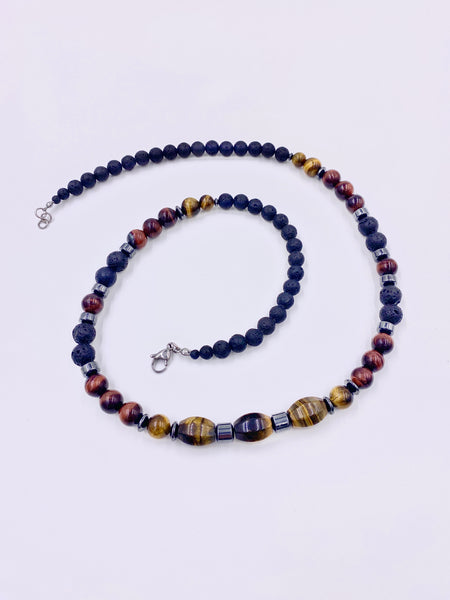 Tiger’s Eye and Lava Stone Necklace and Bracelet Set