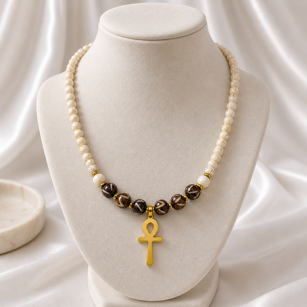 Ox Bone and Cream Howlite Ankh Necklace