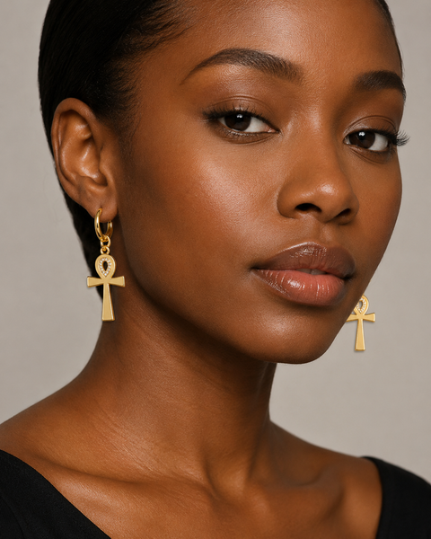18K Gold Ankh Earrings (Rhinestone)