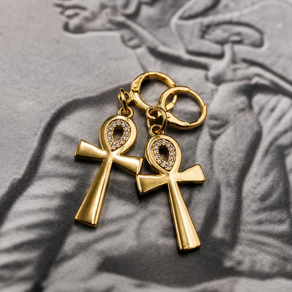 18K Gold Ankh Earrings (Rhinestone)