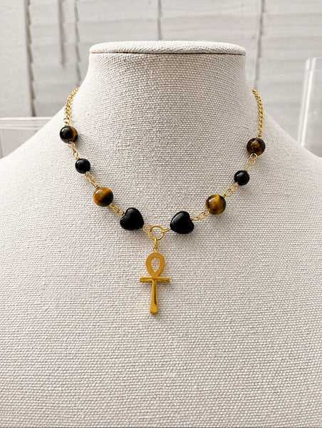 Tiger Eye & Black Onyx Hearts Ankh Necklace/Choker (Ankhlace™️)