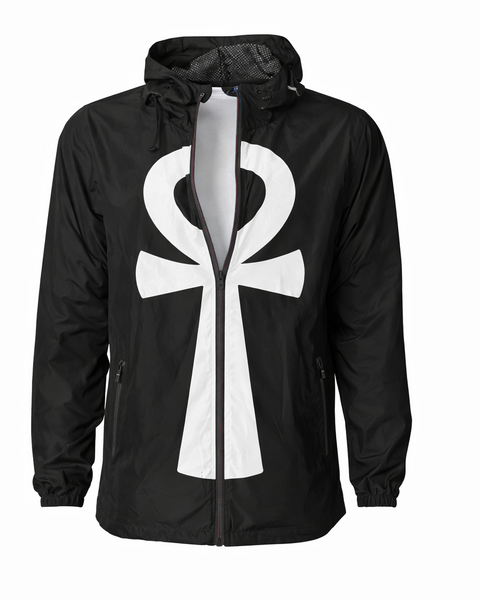 LIGHT WEIGHT ANKH WINDBREAKER BLACK WITH WHITE ANKH NUBIAN LUXURIES BRAND 
