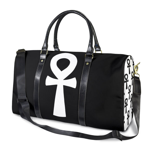 Black Ankh duffle bag with large white Ankh symbol, travel carry on gym bag with detachable strap, Nubian Luxuries Brand