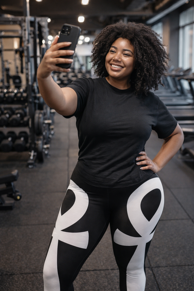 WOMAN TAKING SELFIE WITH WHITE AND BLACK EGYPTIAN ANKH LEGGINGS 