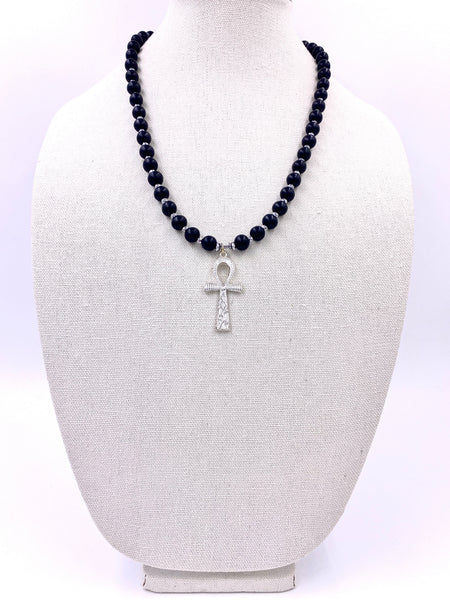BLACK WOOD AND SILVER HEMATITE ANKH NECKLACE