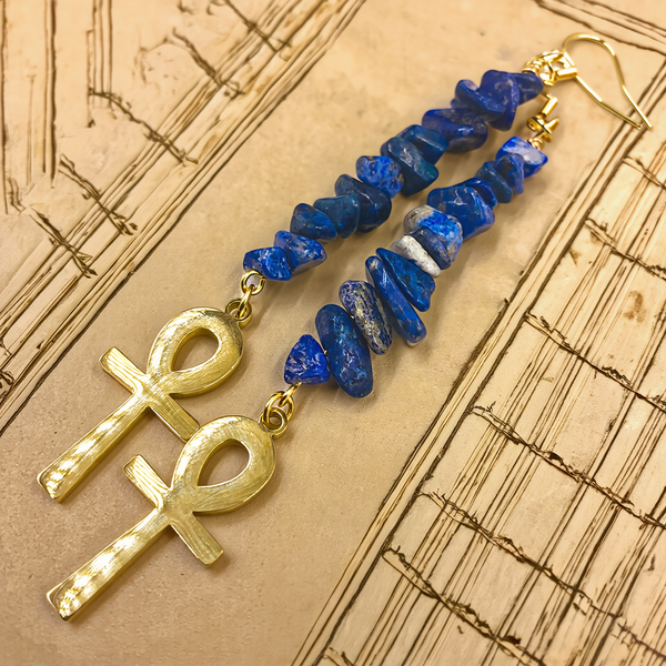 18k Gold Ankh Earrings (Lapis Lazuli Chips)