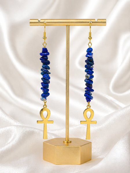 18k Gold Ankh Earrings (Lapis Lazuli Chips)