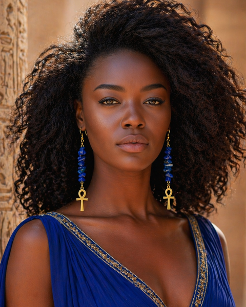 18k Gold Ankh Earrings (Lapis Lazuli Chips)