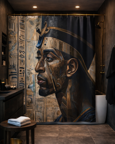 Bathroom with a shower curtain featuring an Egyptian pharaoh design.
