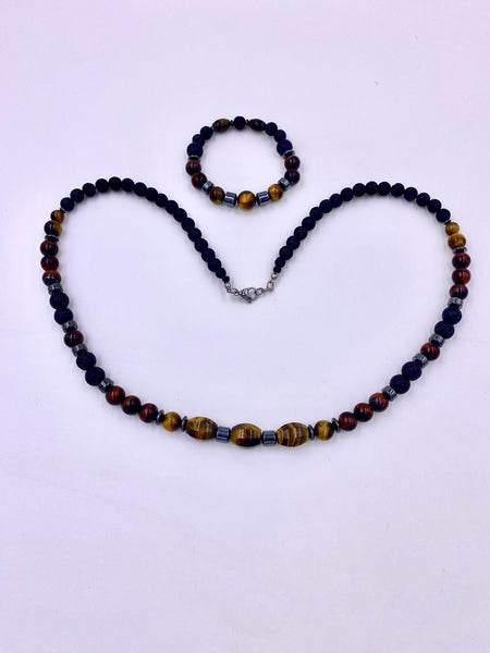 Tiger’s Eye and Lava Stone Necklace and Bracelet Set