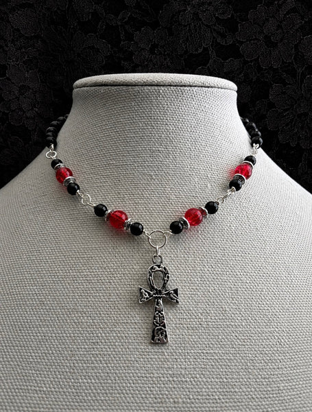 Red, Black Silver Witchy Ankh Necklace