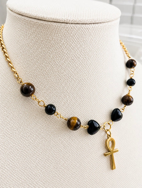 Tiger Eye & Black Onyx Hearts Ankh Necklace/Choker (Ankhlace™️)