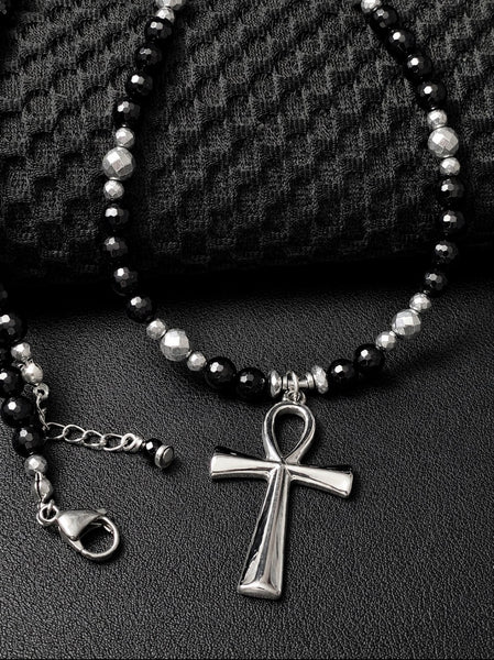 Midnite Onyx Minimalist Ankh Necklace - Ankhlace™ (Silver Hematite)