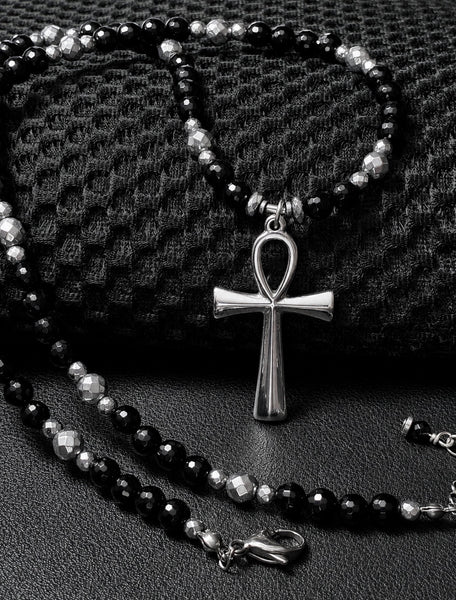 Midnite Onyx Minimalist Ankh Necklace - Ankhlace™ (Silver Hematite)